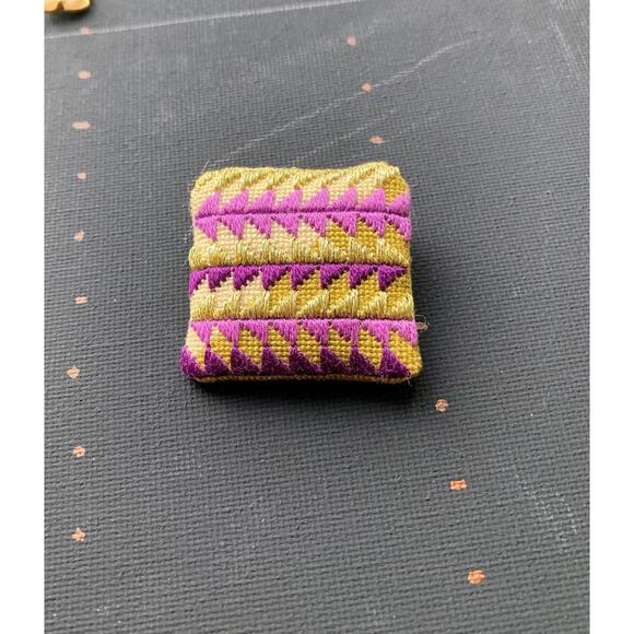 Jewelry - VTG Embroidered Brooch Signed S.E.B 1994 Handcrafted Purple Gold Green Geometric